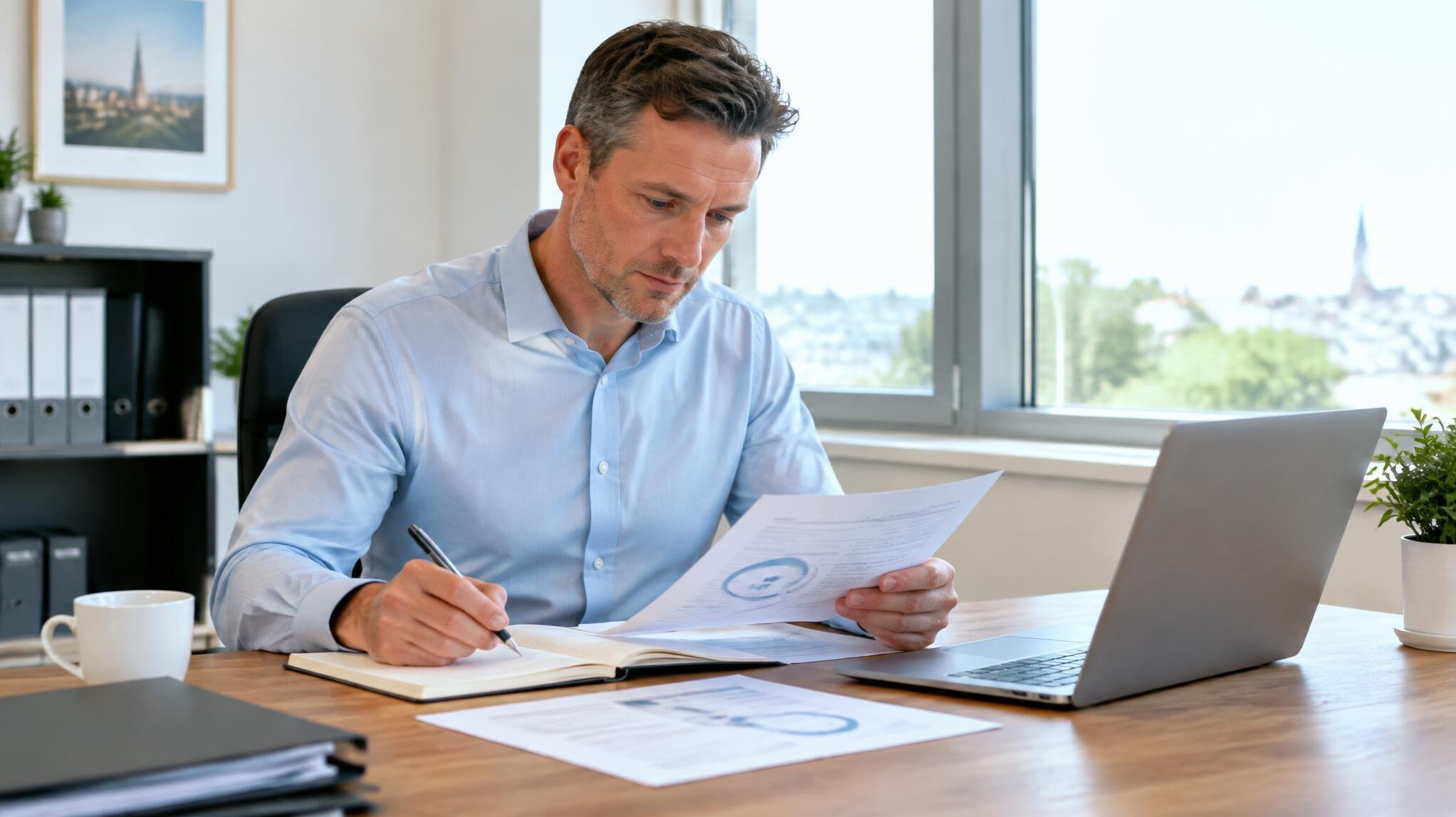 Consultant reviewing quality management documents at a desk