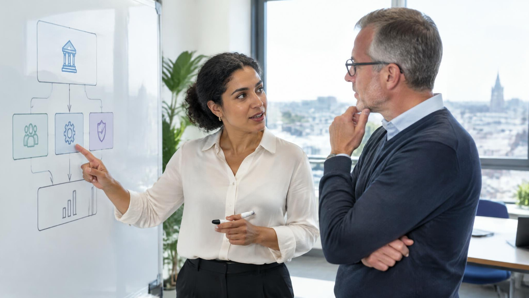 Two colleagues collaborating over a management standards report